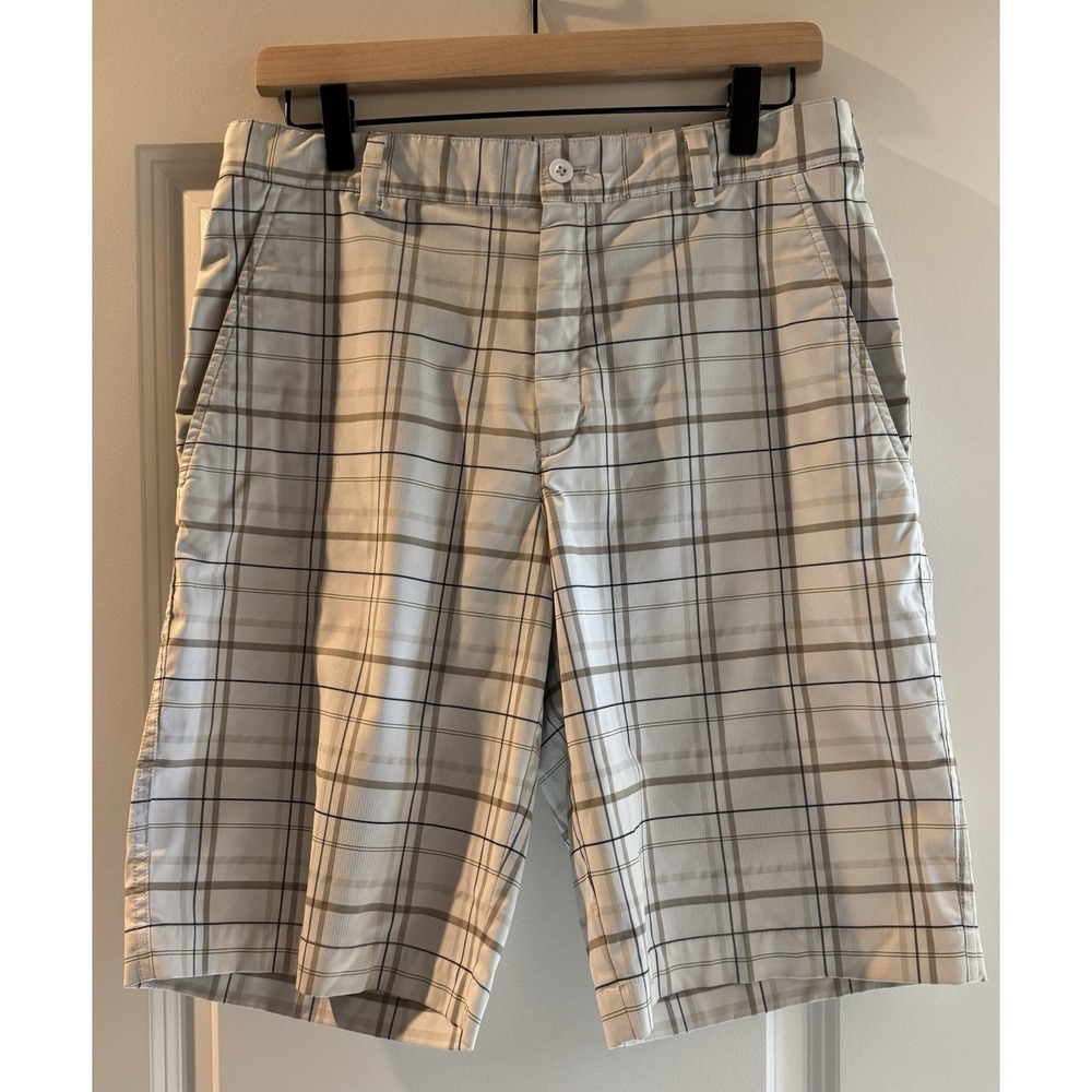 Nike Golf Dri-FIT Plaid Shorts Mens 30 Beige Performance Flat Front Casual